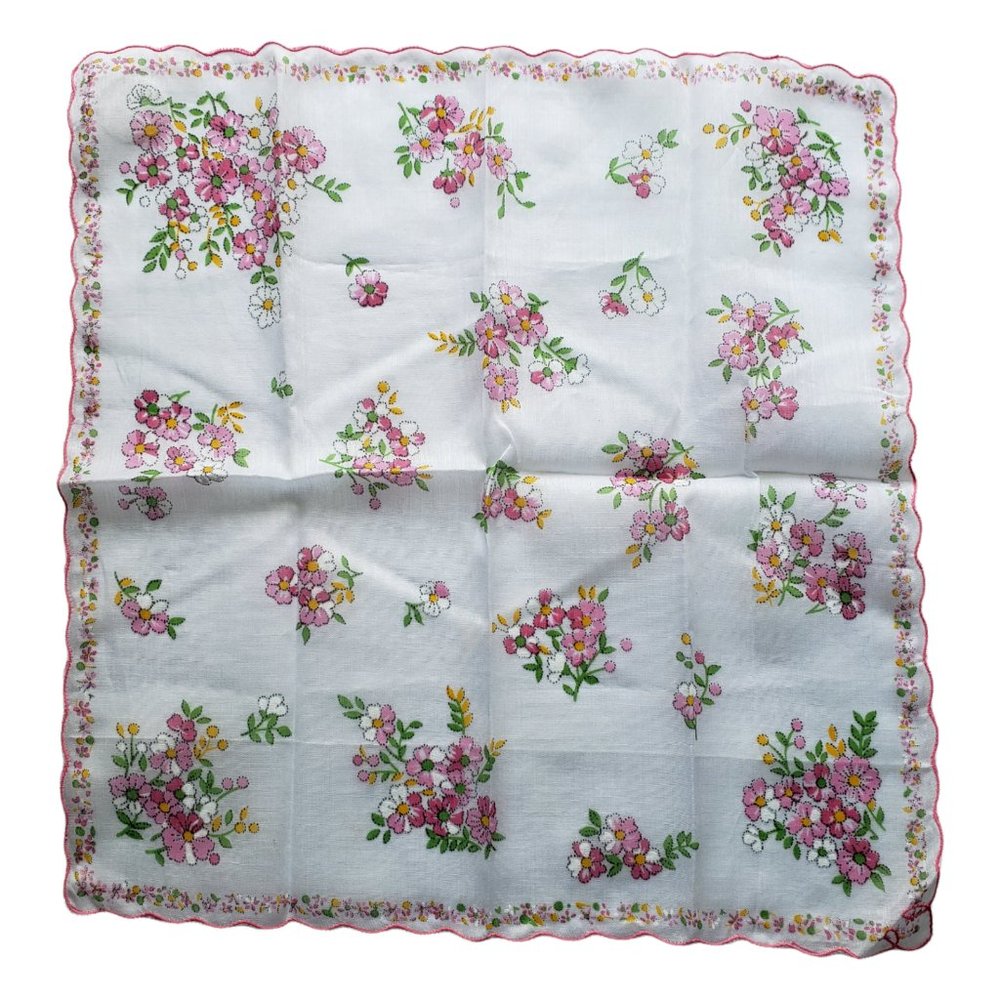 Vintage Ladies Handkerchief /Hankies Pink Scalloped Flower Bunches - Picture 2 of 5